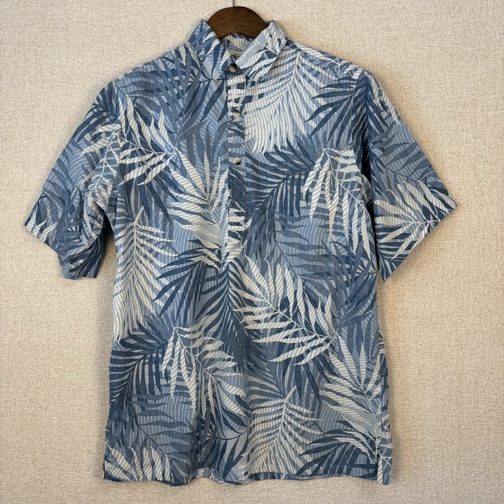 Go Barefoot Mens Hawaiian Shirt Small Blue White Palm Leaf Print Made in USA